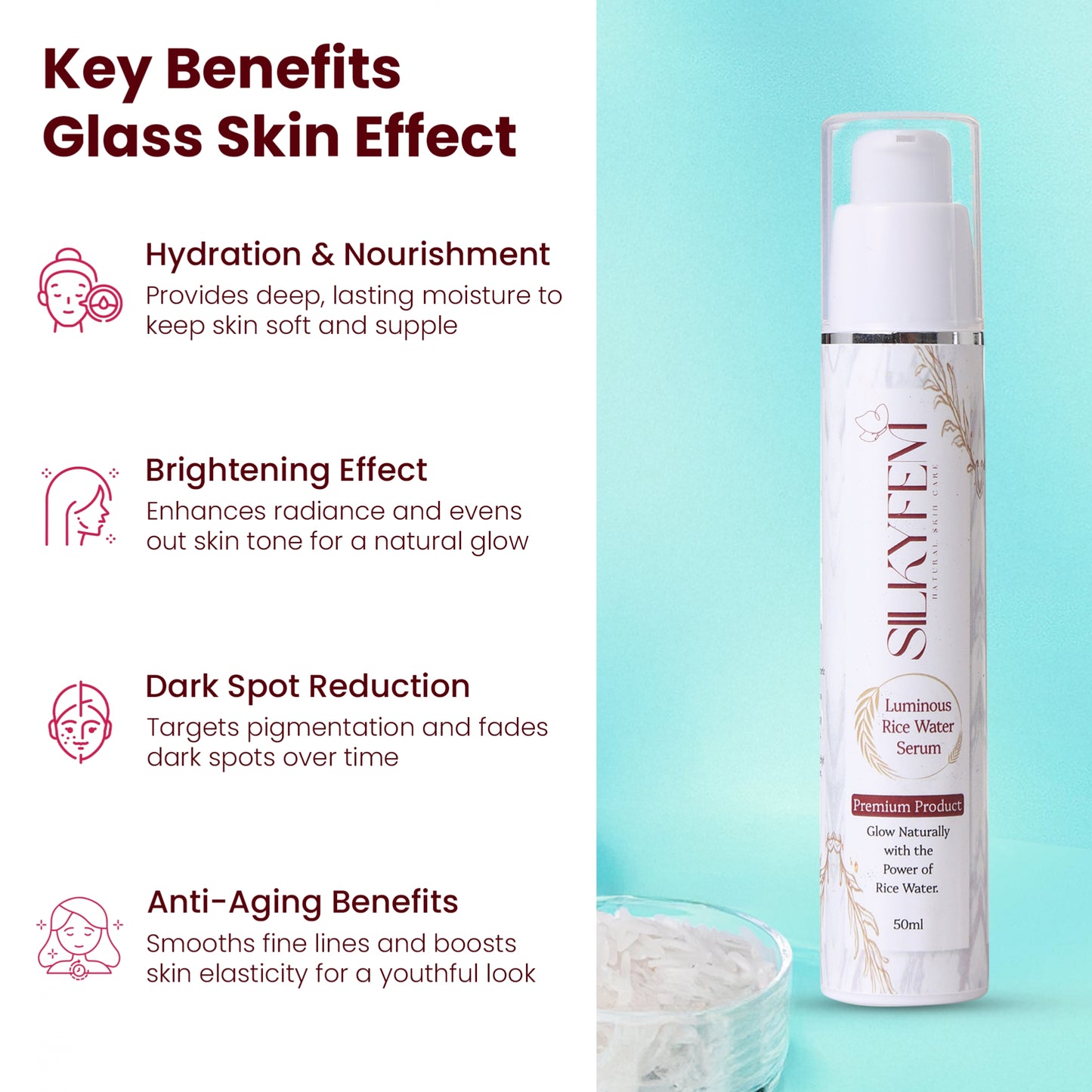 SILKYFEM Luminous Rice Water Serum with 5% Niacinamide, Hyaluronic Acid & Alpha Arbutin for Glassy skin Glowing, Fades Blemishes & Pigmentation | Serum for Oily, Acne Prone, Dry Combination Skin| 50ml