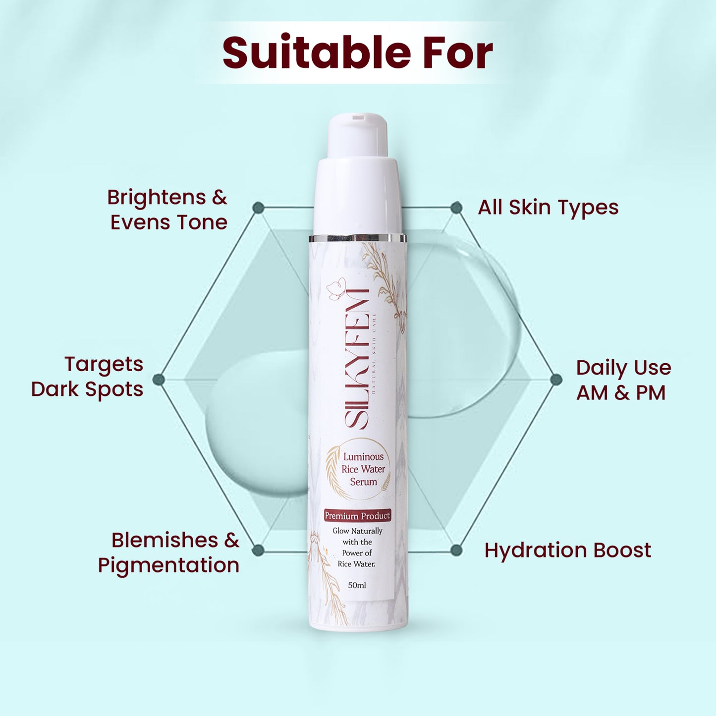 SILKYFEM Luminous Rice Water Serum with 5% Niacinamide, Hyaluronic Acid & Alpha Arbutin for Glassy skin Glowing, Fades Blemishes & Pigmentation | Serum for Oily, Acne Prone, Dry Combination Skin| 50ml