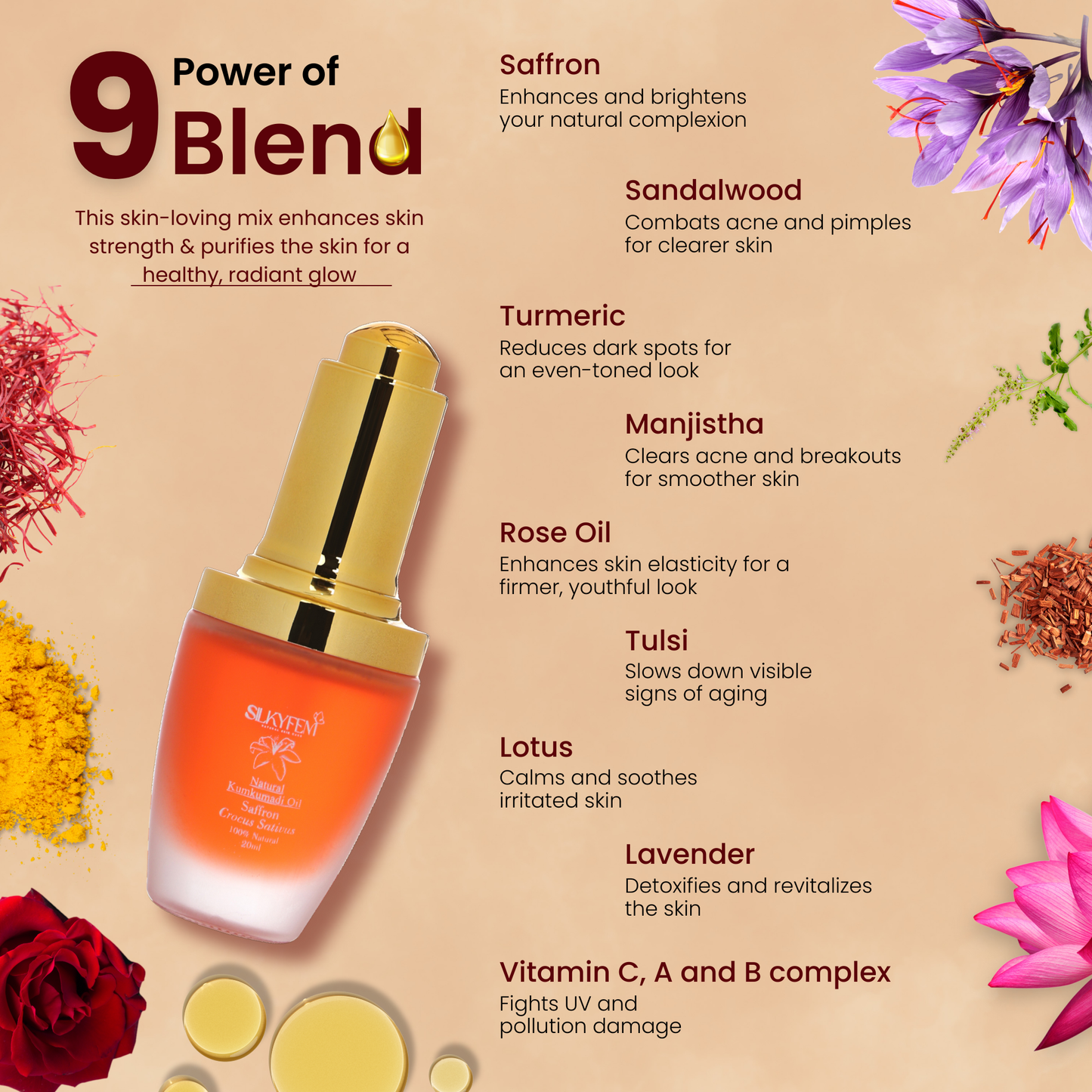 Silkyfem Kumkumadi oil for face| 15% Saffron, Vitamin C & B Complex | Glowing face, Fades Pigmentation, Dark Spots & Acne | Anti-Aging | 100% Ayurvedic Kumkumadi tailam face oil | 20ml