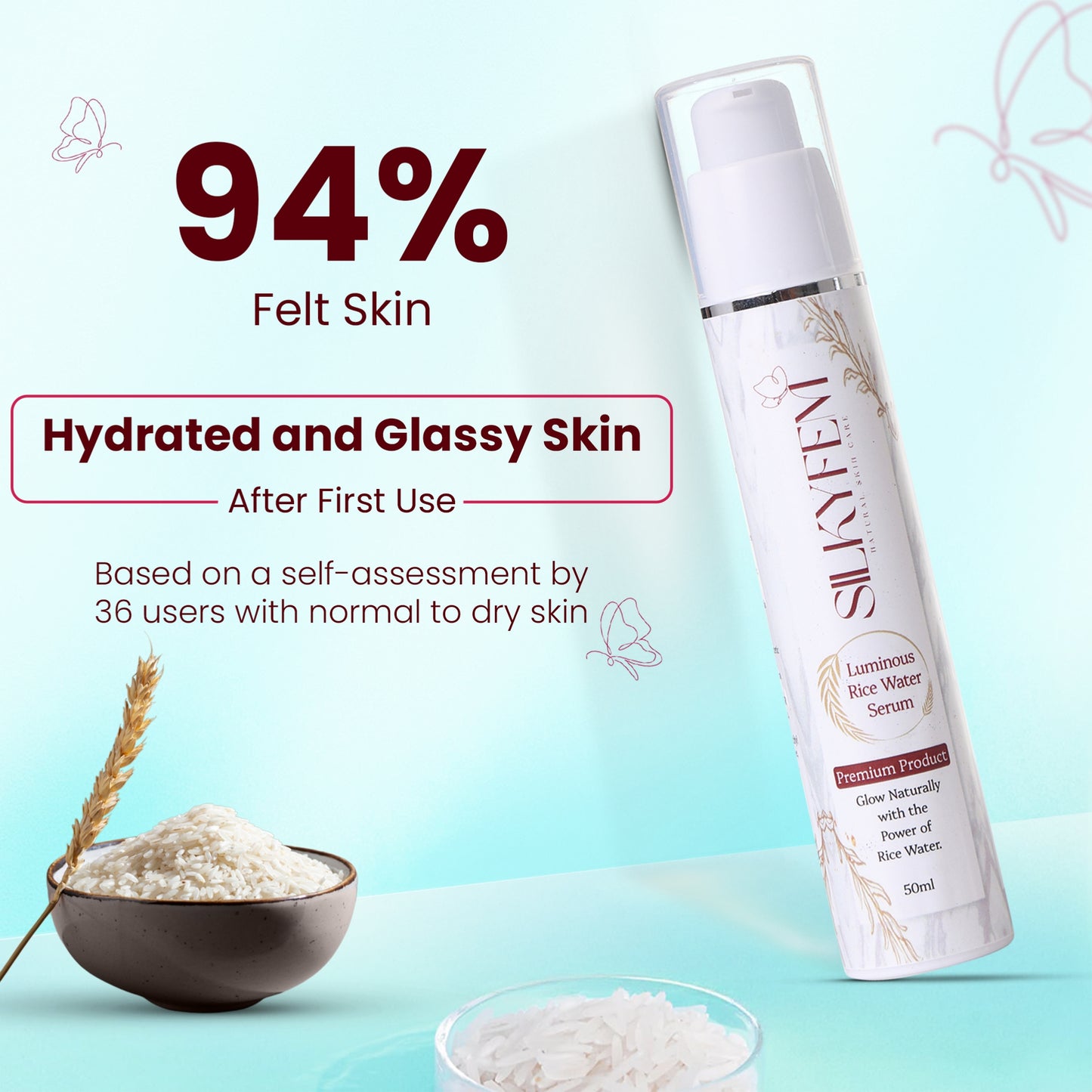 SILKYFEM Luminous Rice Water Serum with 5% Niacinamide, Hyaluronic Acid & Alpha Arbutin for Glassy skin Glowing, Fades Blemishes & Pigmentation | Serum for Oily, Acne Prone, Dry Combination Skin| 50ml