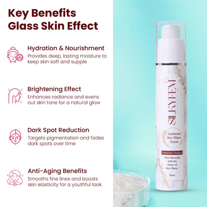 SILKYFEM Luminous Rice Water Serum with 5% Niacinamide, Hyaluronic Acid & Alpha Arbutin for Glassy skin Glowing, Fades Blemishes & Pigmentation | Serum for Oily, Acne Prone, Dry Combination Skin| 50ml