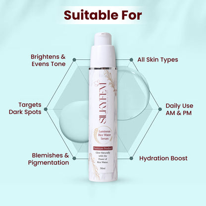 SILKYFEM Luminous Rice Water Serum with 5% Niacinamide, Hyaluronic Acid & Alpha Arbutin for Glassy skin Glowing, Fades Blemishes & Pigmentation | Serum for Oily, Acne Prone, Dry Combination Skin| 50ml